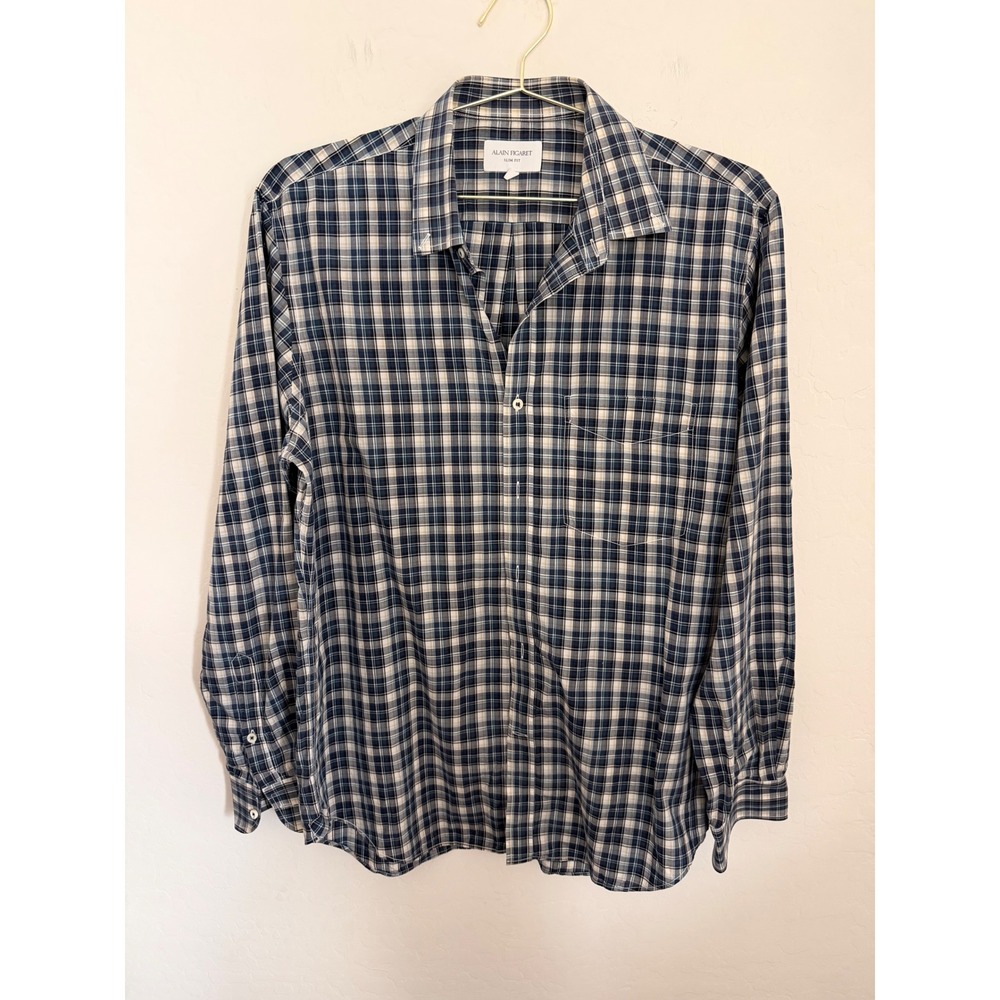 Alain Figaret Slim Fit Blue Plaid Button Down Shirt Mens Large Long Sleeve